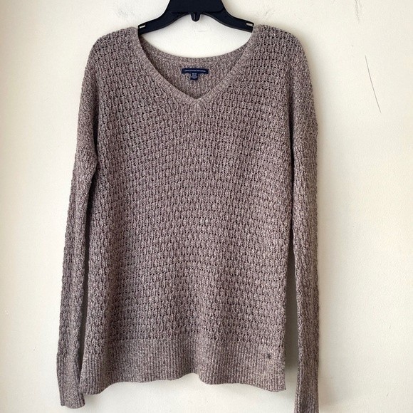 American Eagle Knit Sweater Cable V-Neck Mocha Brown Pullover women’s Size XS - Picture 9 of 13